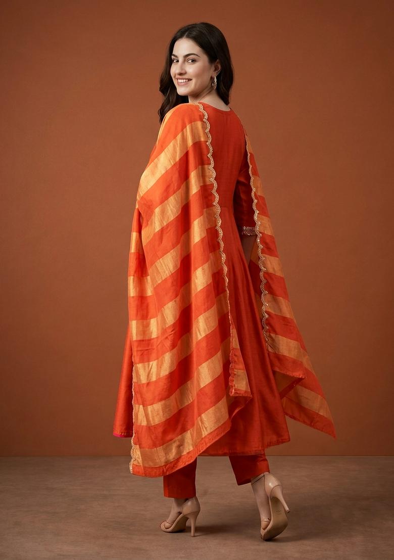 Rust Embroidery Chanderi Kurta Set - Indya