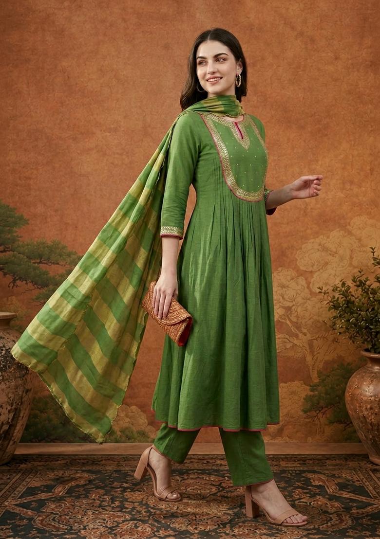 Light Green Embroidery Chanderi Kurta Set - Indya