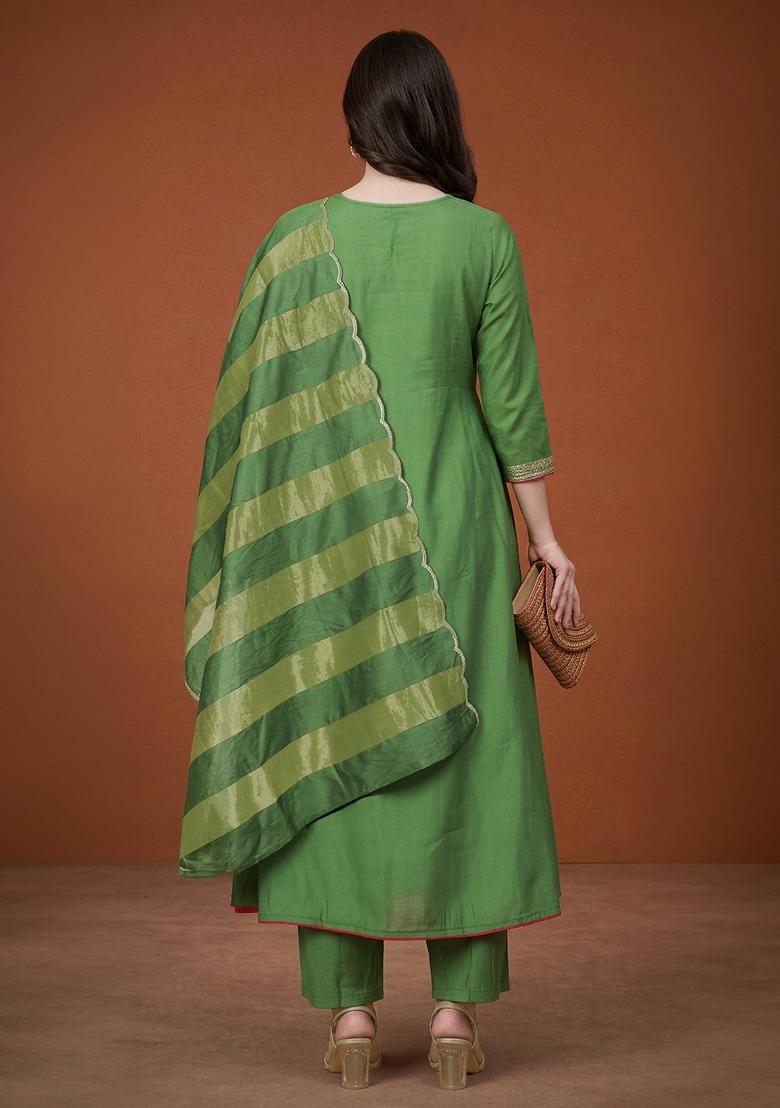 Light Green Embroidery Chanderi Kurta Set - Indya