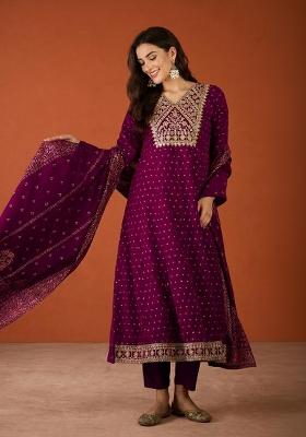 Wine Embroidery Silk Kurta Set