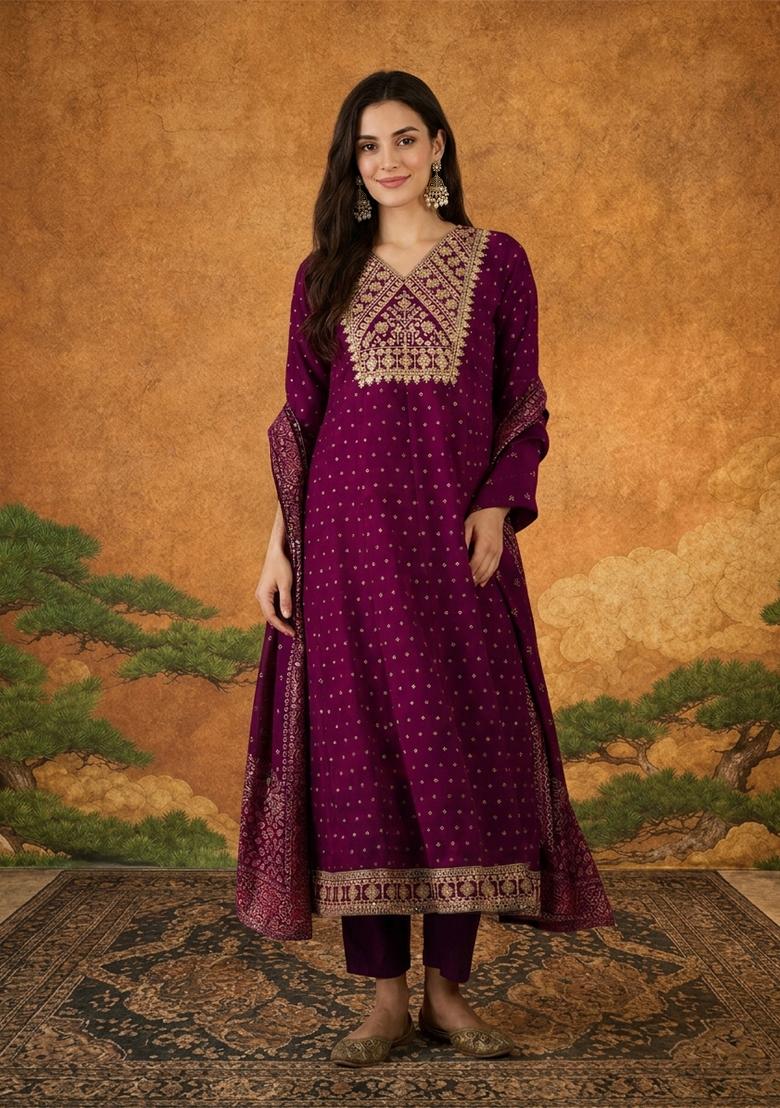 Wine Embroidery Silk Kurta Set - Indya