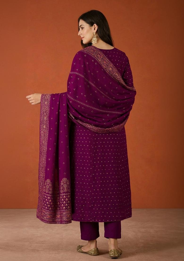 Wine Embroidery Silk Kurta Set - Indya