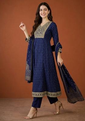 Blue Embroidery Silk Kurta Set