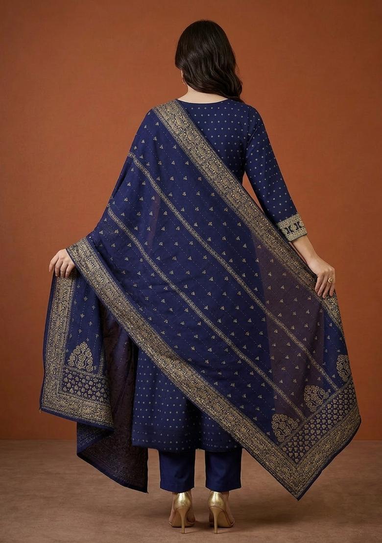 Blue Embroidery Silk Kurta Set - Indya