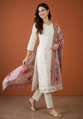 Off White Embroidery Cotton Kurta Set