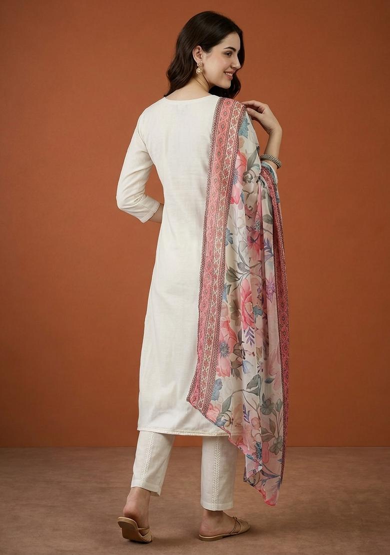 Off White Embroidery Cotton Kurta Set - Indya