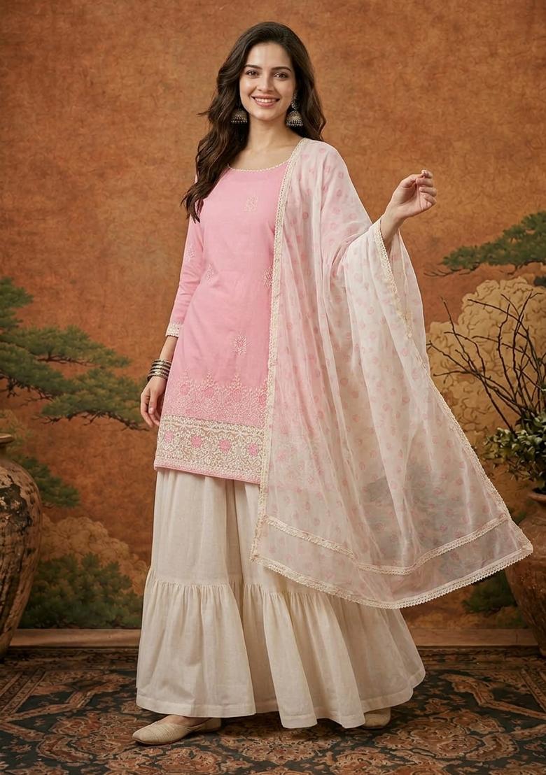 Peach Embroidery Cotton Sharara Set - Indya