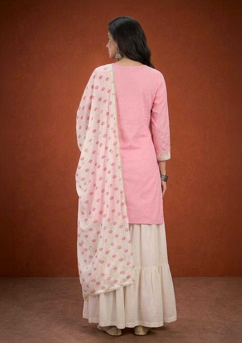 Peach Embroidery Cotton Sharara Set - Indya