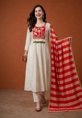 Red Embroidery Silk Anarkali Set