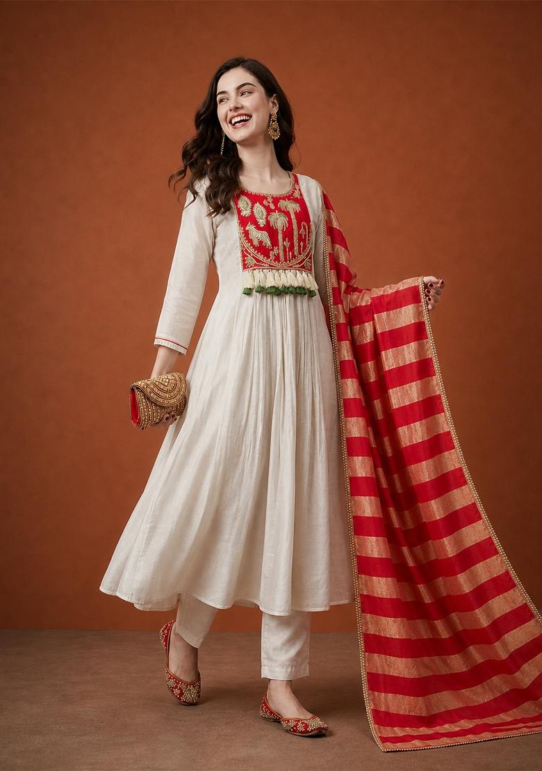 Red Embroidery Silk Anarkali Set - Indya