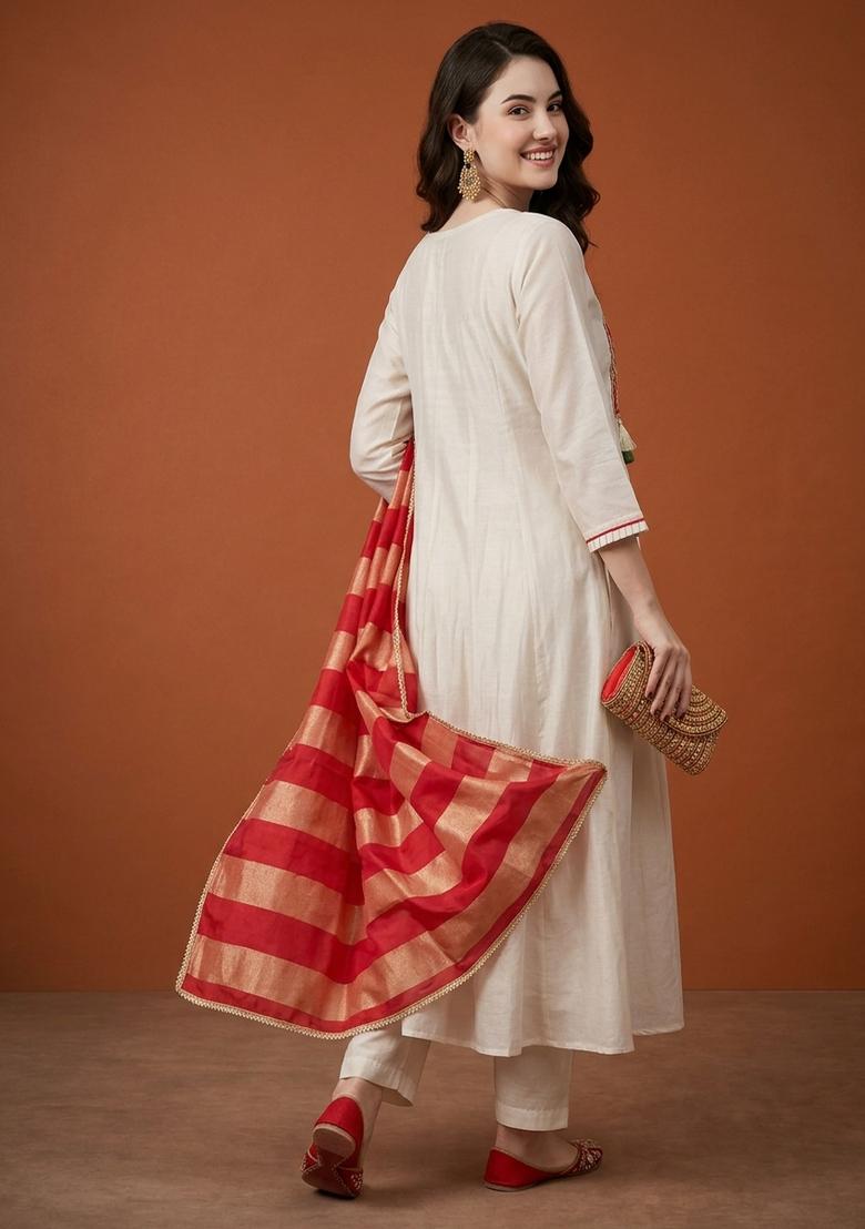 Red Embroidery Silk Anarkali Set - Indya