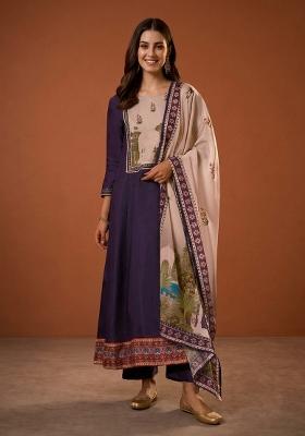 Violet Printed Silk Anarkali Set