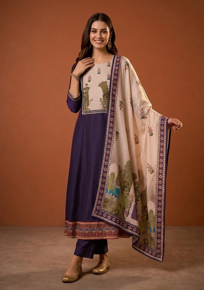 Violet Printed Silk Anarkali Set - Indya