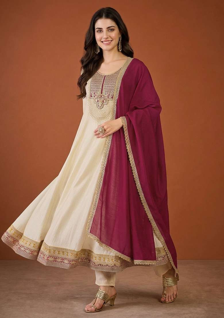 Cream Embroidery Silk Anarkali Set - Indya