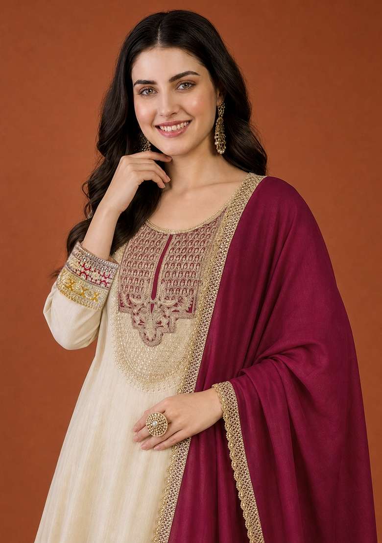 Cream Embroidery Silk Anarkali Set - Indya