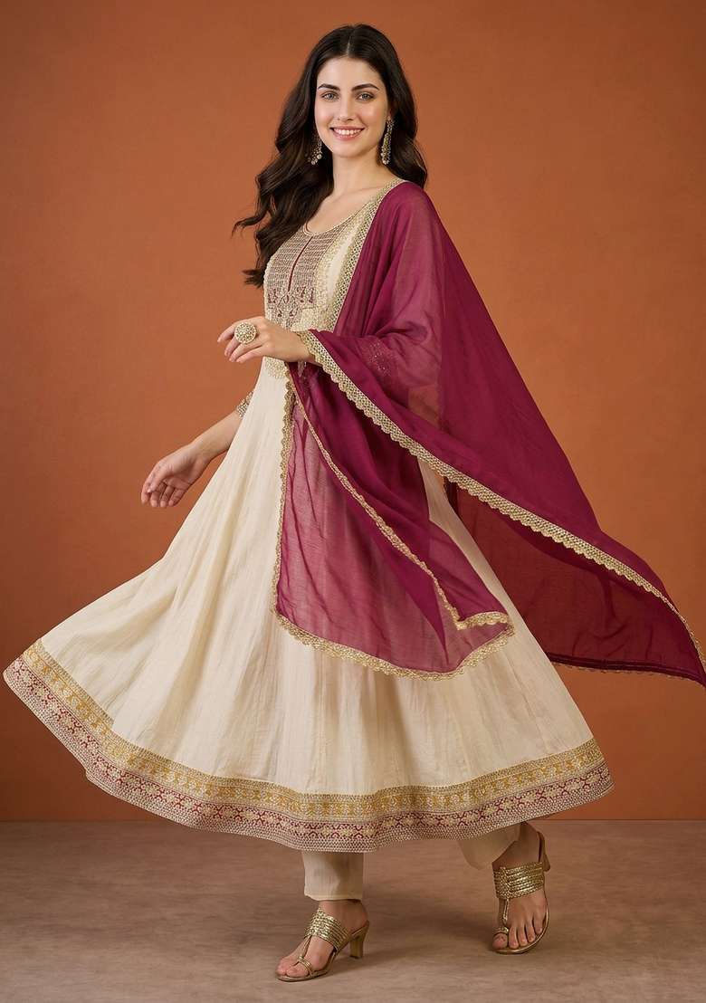 Cream Embroidery Silk Anarkali Set - Indya