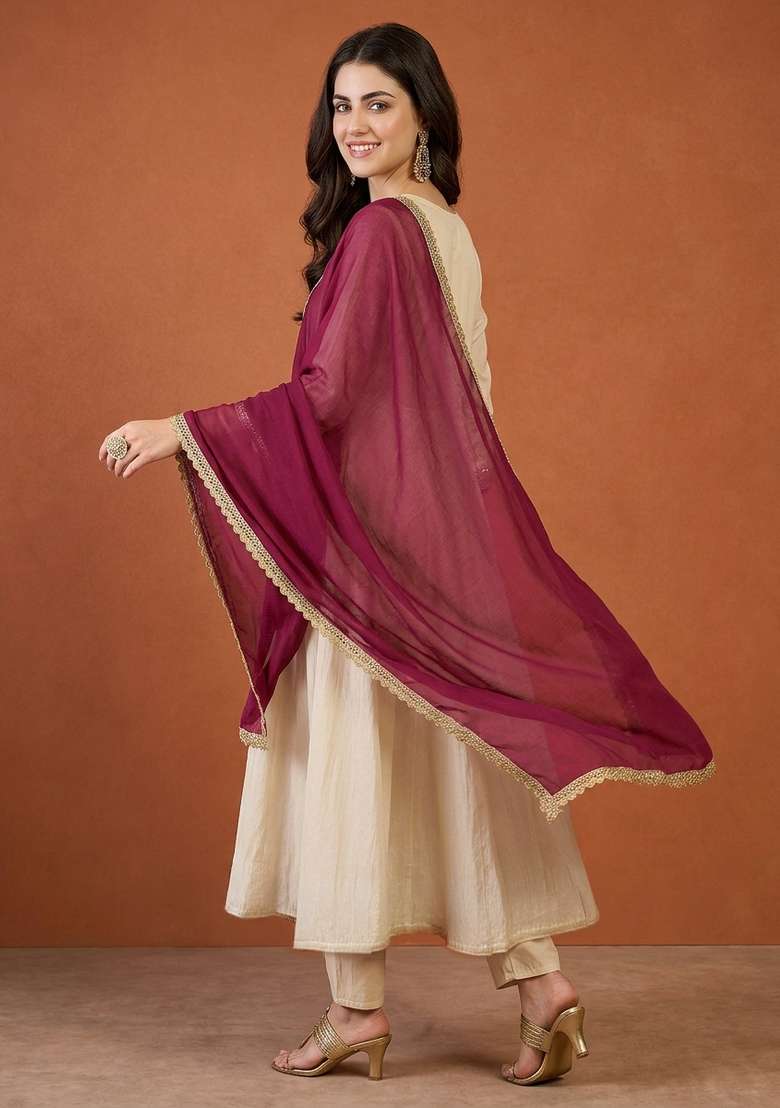 Cream Embroidery Silk Anarkali Set - Indya
