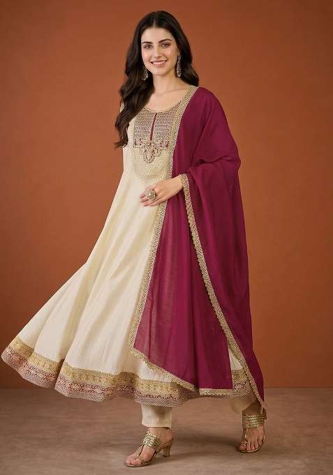 Cream Embroidery Silk Anarkali Set