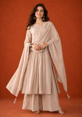 Beige Embroidery Silk Palazzo Set