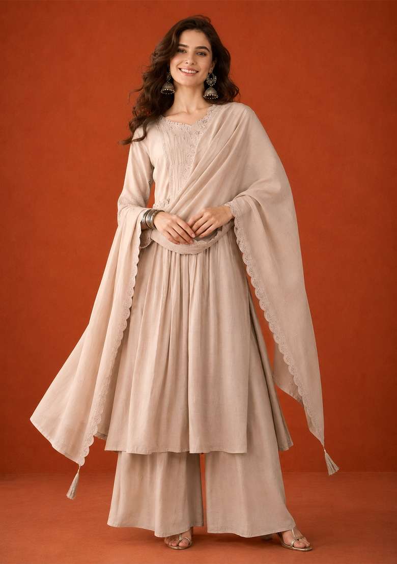 Beige Embroidery Silk Palazzo Set - Indya