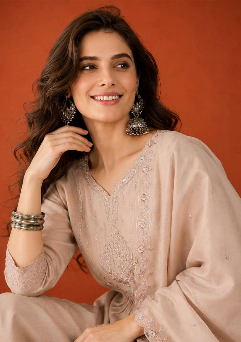 Beige Embroidery Silk Palazzo Set - Indya