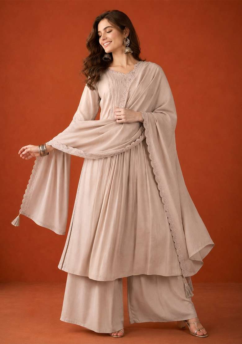 Beige Embroidery Silk Palazzo Set - Indya