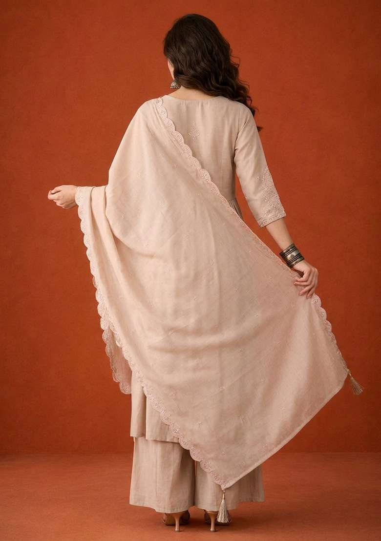 Beige Embroidery Silk Palazzo Set - Indya