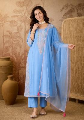 Sky Blue Embroidery Silk Kurta Set