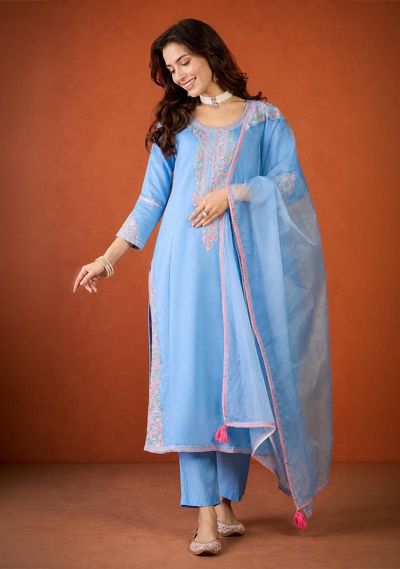 Sky Blue Embroidery Silk Kurta Set - Indya