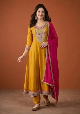 Mustard Embroidery Silk Anarkali Set