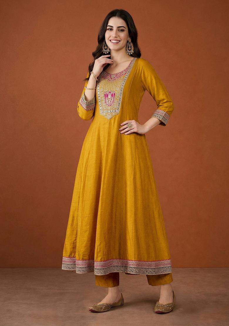 Mustard Embroidery Silk Anarkali Set - Indya