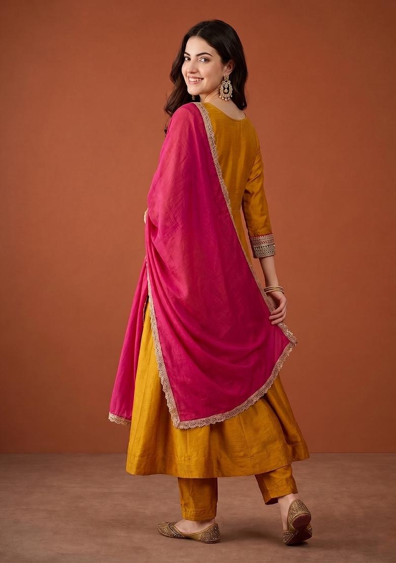 Mustard Embroidery Silk Anarkali Set - Indya