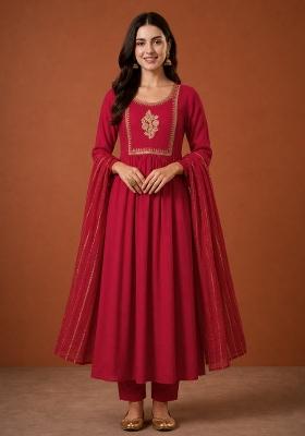 Red Embroidery Silk Kurta Set