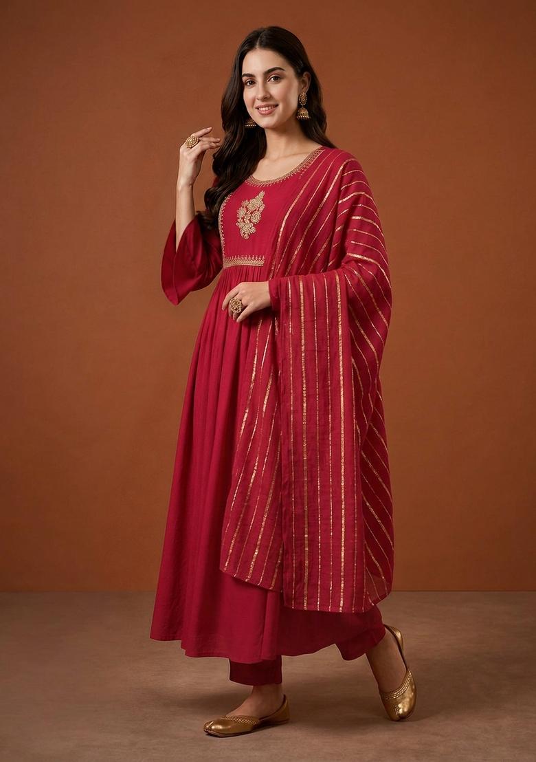 Red Embroidery Silk Kurta Set - Indya