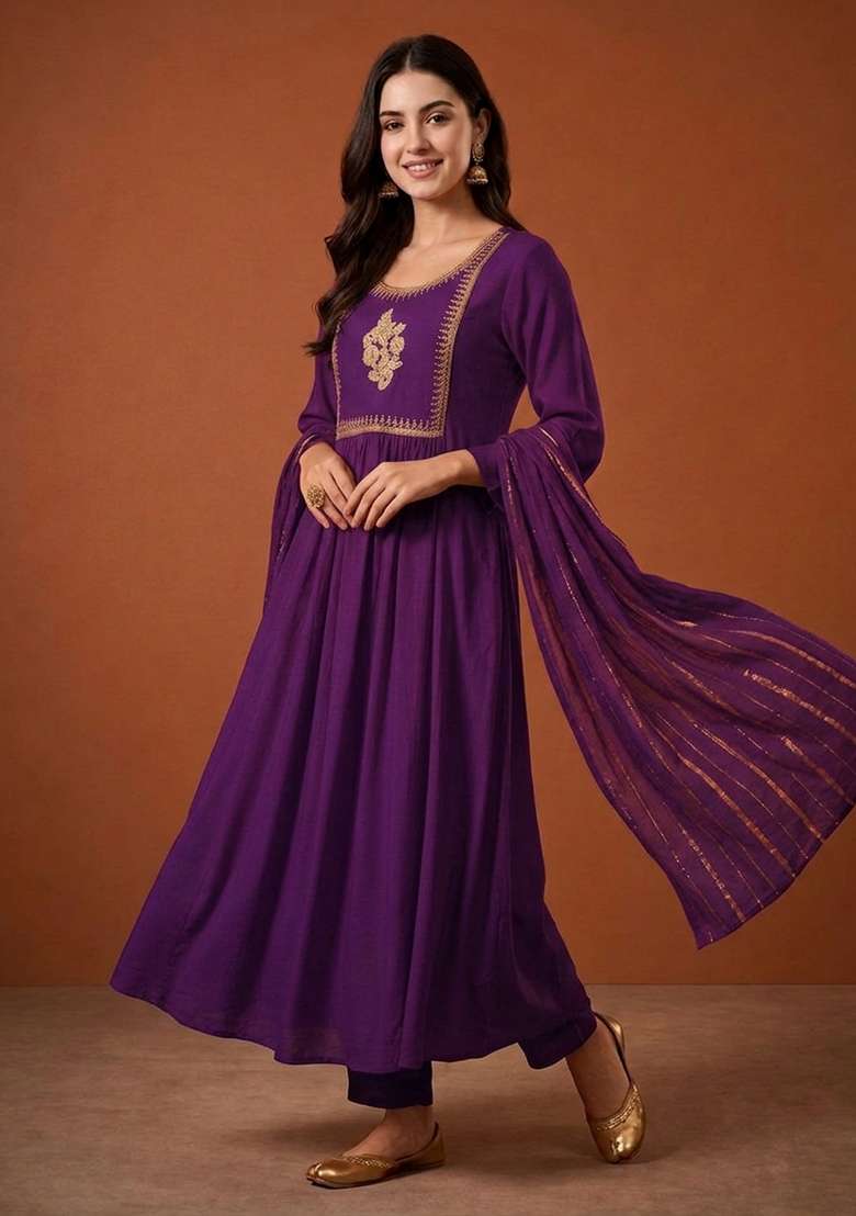 Violet Embroidery Silk Kurta Set - Indya