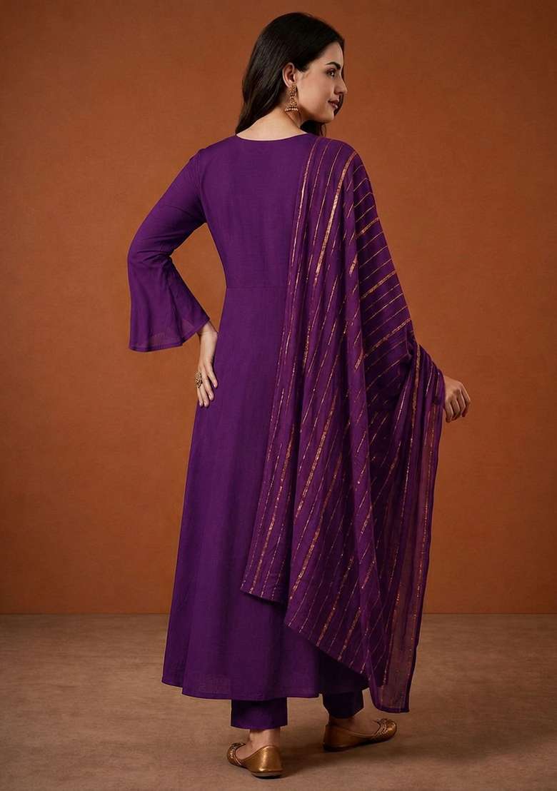 Violet Embroidery Silk Kurta Set - Indya