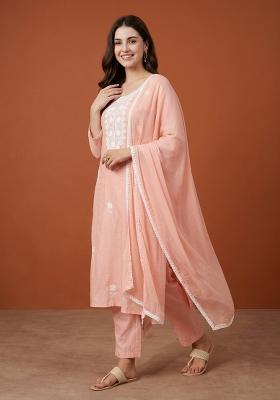 Peach Thread Work Cotton Kurta Set