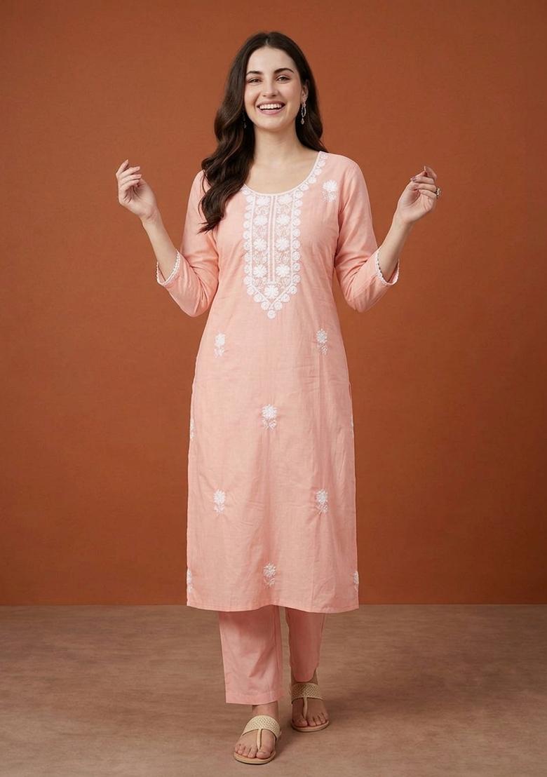 Peach Thread Work Cotton Kurta Set - Indya