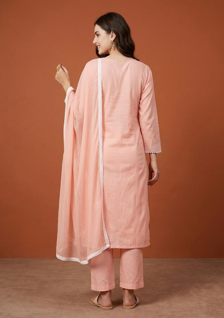 Peach Thread Work Cotton Kurta Set - Indya