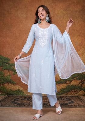 Sky Blue Thread Work Cotton Kurta Set