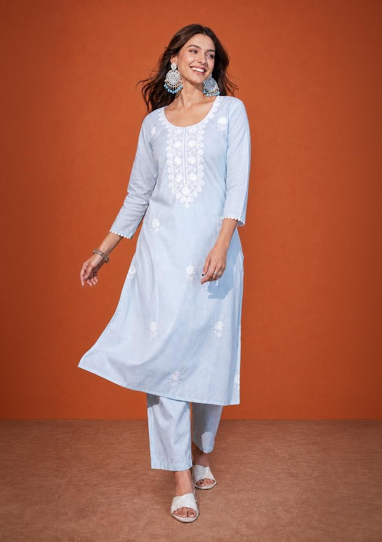 Sky Blue Thread Work Cotton Kurta Set - Indya