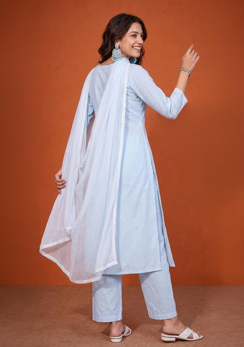 Sky Blue Thread Work Cotton Kurta Set - Indya