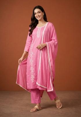 Peach Thread Work Cotton Kurta Set