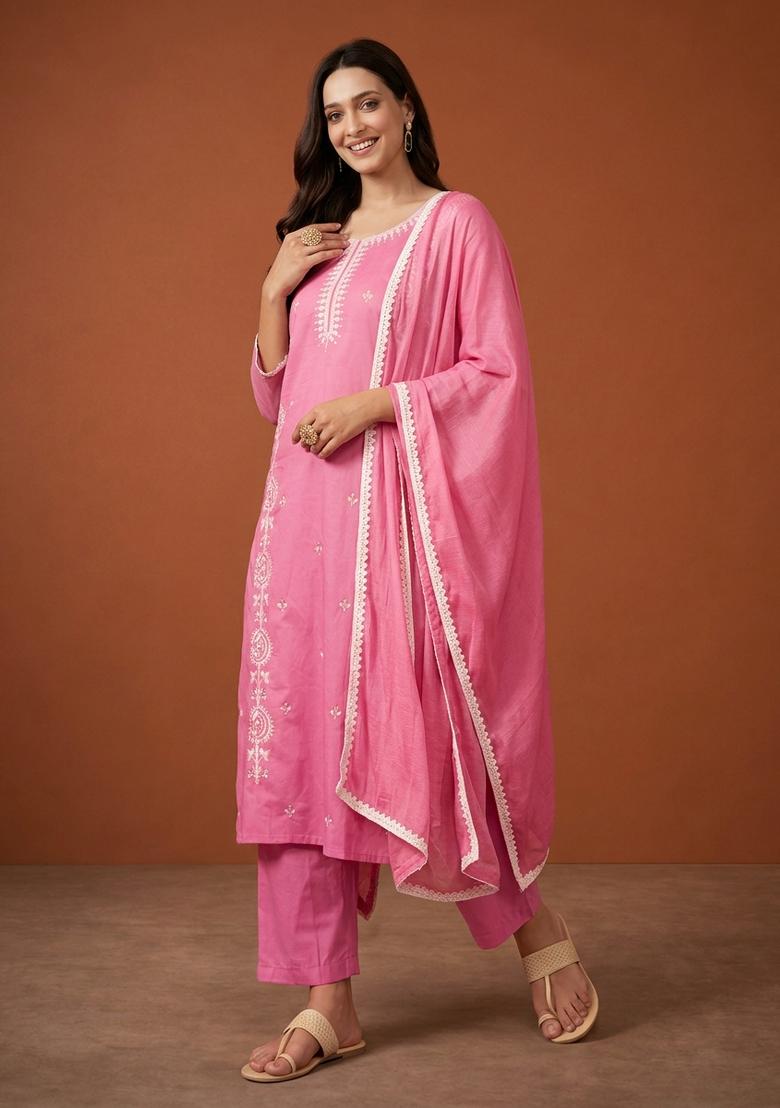 Peach Thread Work Cotton Kurta Set - Indya