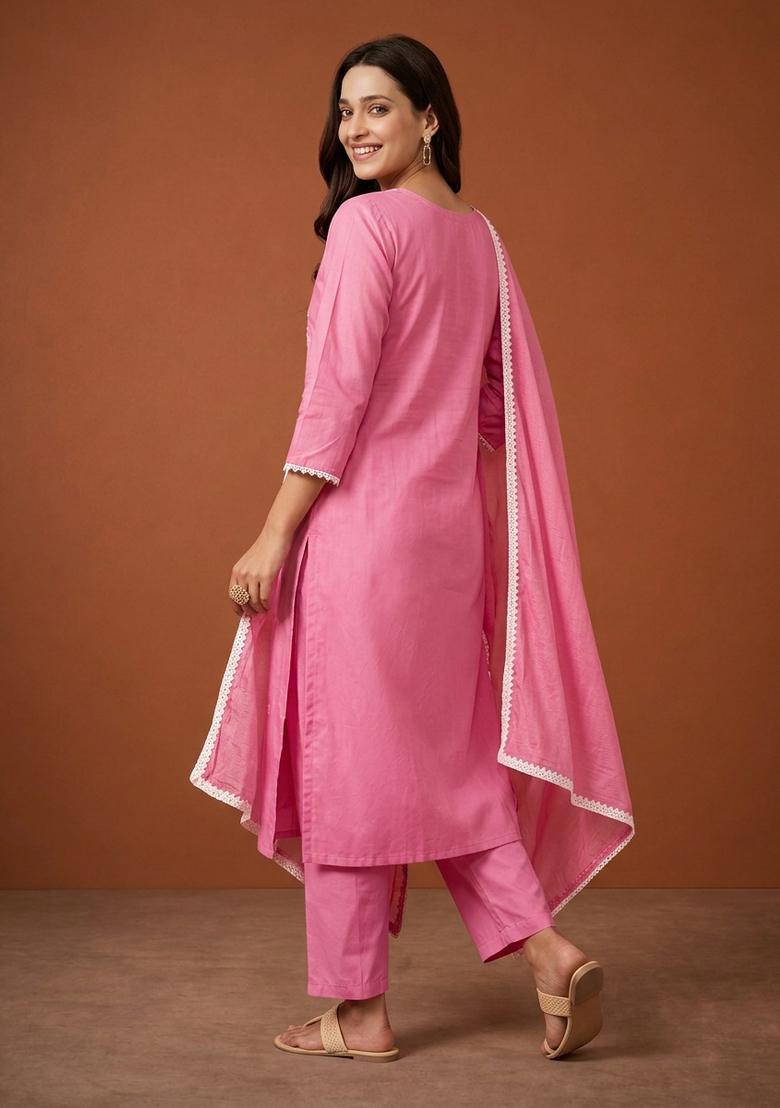 Peach Thread Work Cotton Kurta Set - Indya