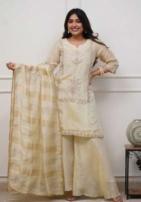 Cream Embroidery Chinon Palazzo Set
