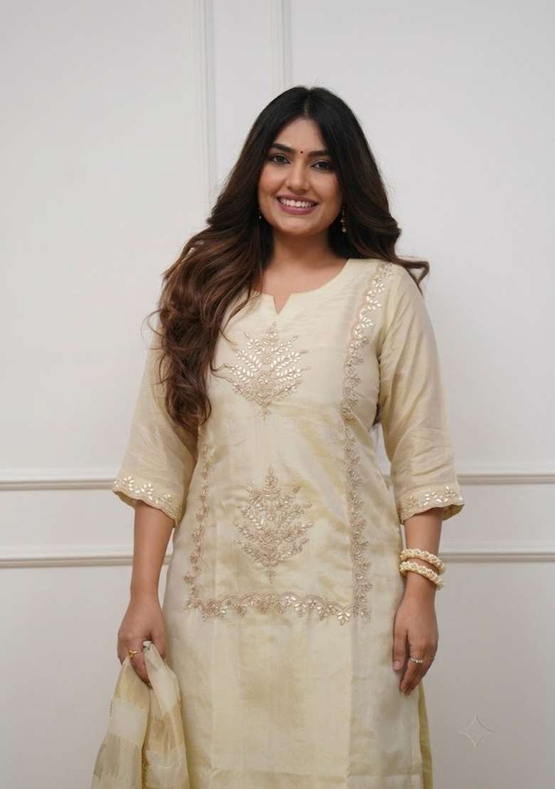 Cream Embroidery Chinon Palazzo Set - Indya