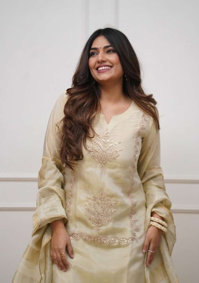 Cream Embroidery Chinon Palazzo Set - Indya