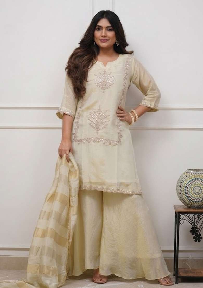 Cream Embroidery Chinon Palazzo Set - Indya