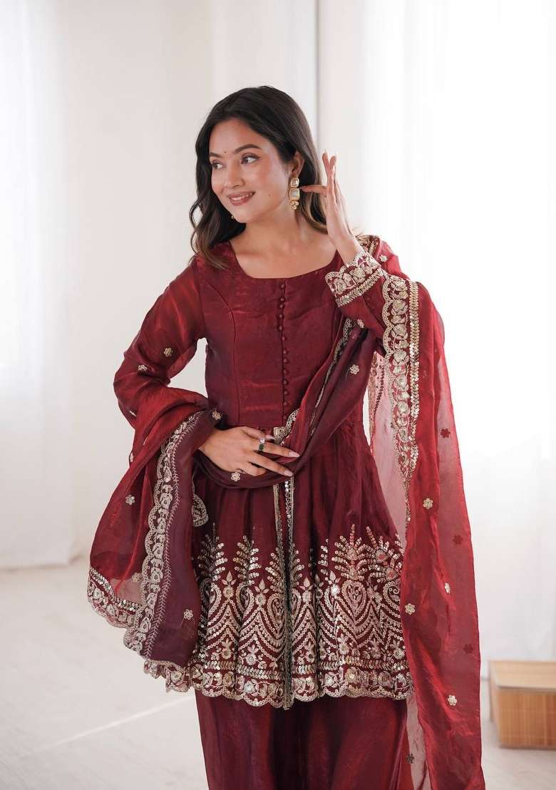 Maroon Embroidery Silk Palazzo Set - Indya